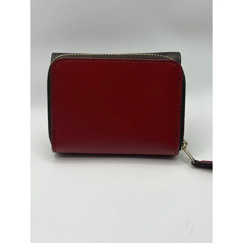 Coach Small Signature Monogram Canvas red leather Trifold Wallet mini compact